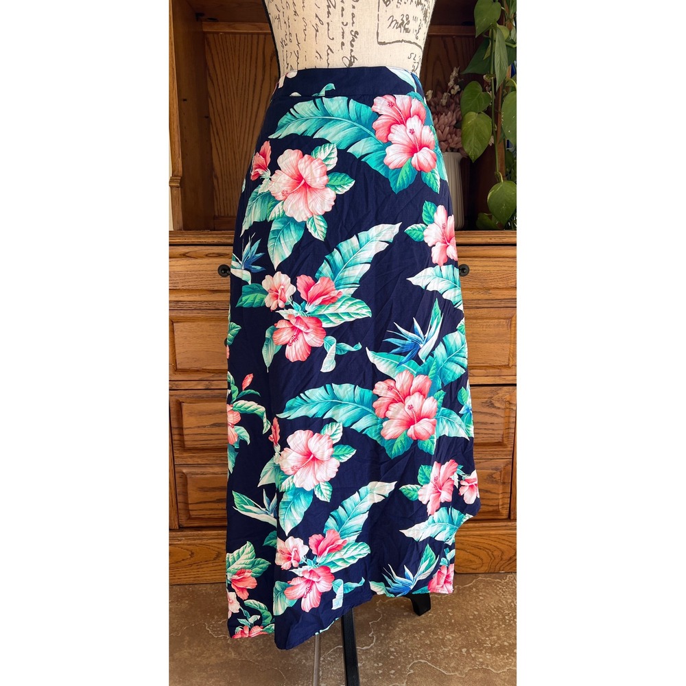 Tommy Bahama Floral Maxi Skirt Navy Blue Tropical Hibiscus Rayon Womens 14 - Picture 1 of 10